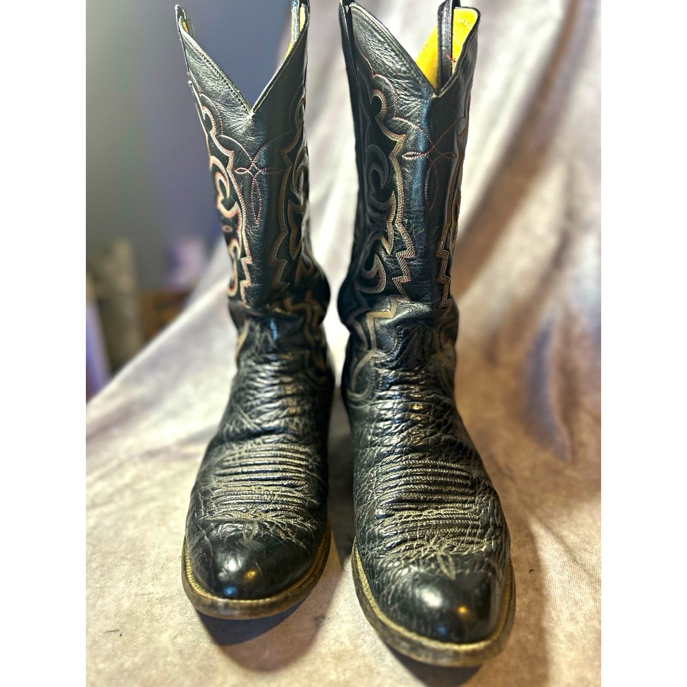 Men's Black Leather Western Cowboy Pull-On Mid-Calf Boots Embroidered Round Toe